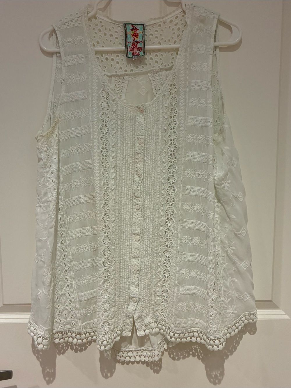 Johnny Was White Crochet-Embellished Sleeveless Tank